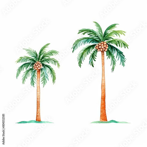 Two watercolor palm trees. The palm trees have brown trunks and green leaves  and they are both set against a white background.