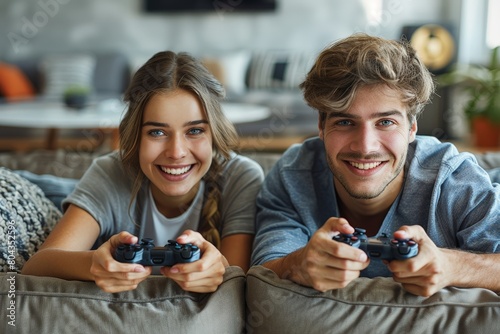 Young couple playing a video game photo