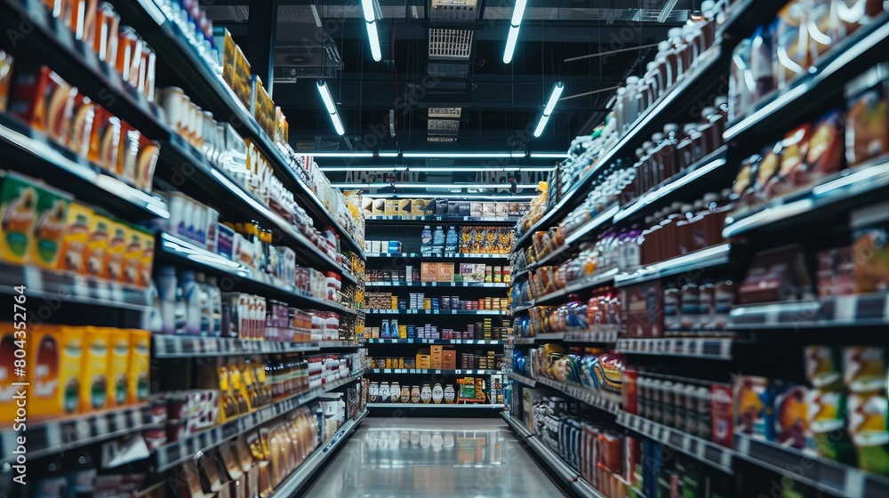An aisle in a supermarket with shelves stocked with various products