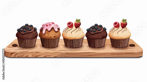 Board with delicious muffins isolated on white background