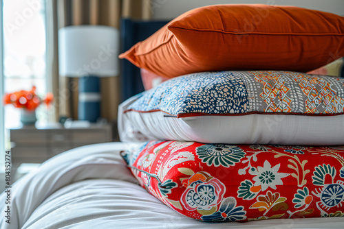 A stack of decorative pillows adding color and personality to a bed.