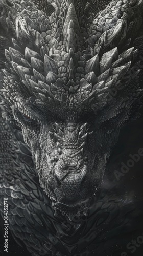 Closeup of a Wyverns fierce gaze, detailed scales and horns, set against a stark, dark grey background