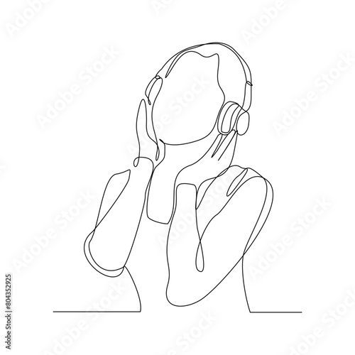 Continuous single one line sketch drawing of young woman happy listening music melody on headphones earphone object technology entertainment vector illustration