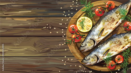 Board with delicious smoked capelin on wooden background photo
