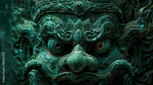 Closeup of Nagas face, hypnotic eyes and ornate headgear, set against a clean, deep green background photo