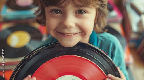 A smiling child holding a stack of vintage records eagerly anticipating the start of a musicfilled day.