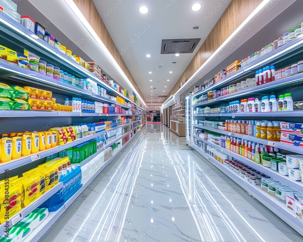 Drugstore with bright lighting and marble floors