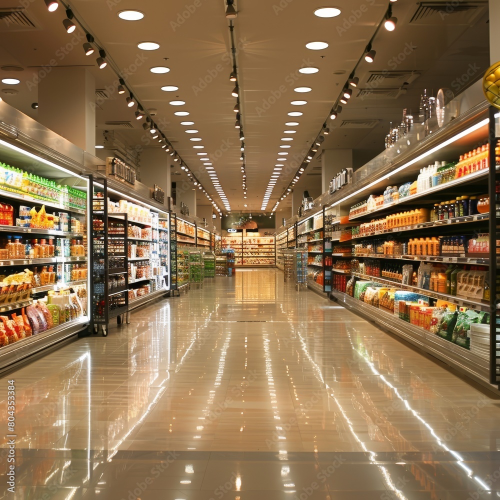 The interior of a supermarket with shelves stocked full of various products.