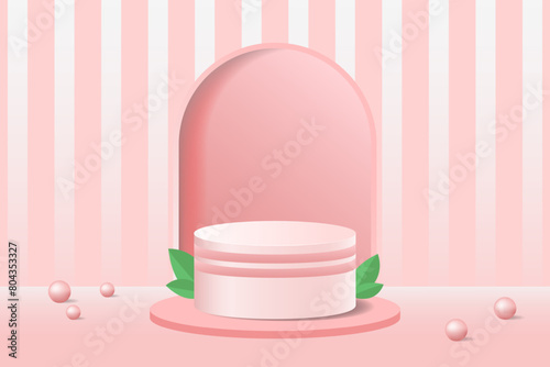 empty 3d white and pink color cylinder pedestal podium with leaf decoration for  beauty skincare product mockup display vector illustration.