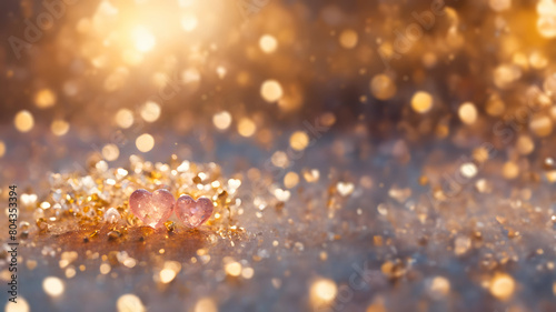 Golden background with crystal hearts. Universal love concept with gems on the shiny surface. Uplifting, gentle and beautiful love aesthetic, spiritual ascension, aura, glowing love. 