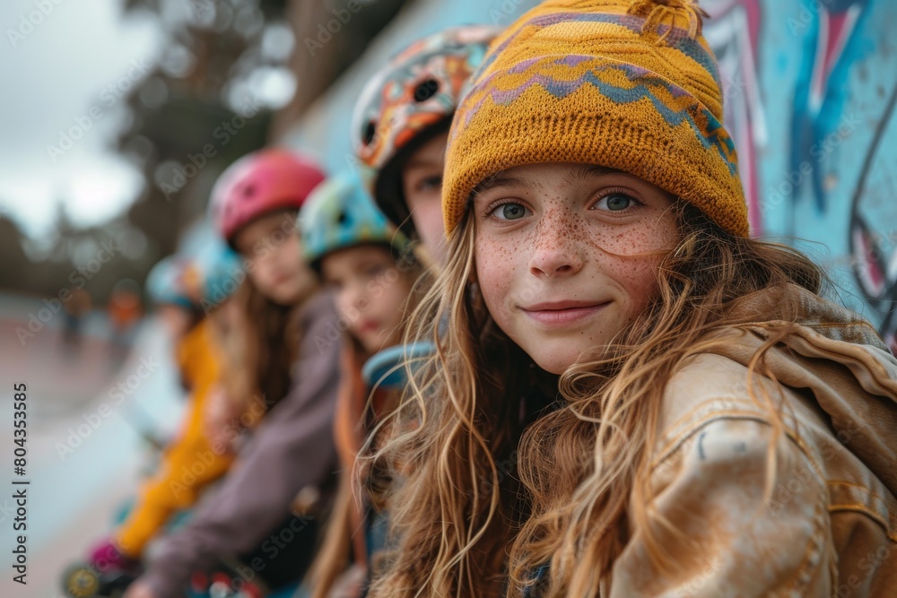 Group of young friends sitting together at a skate park wearing helmets Group of young friends sitting together at a skate park wearing helmets