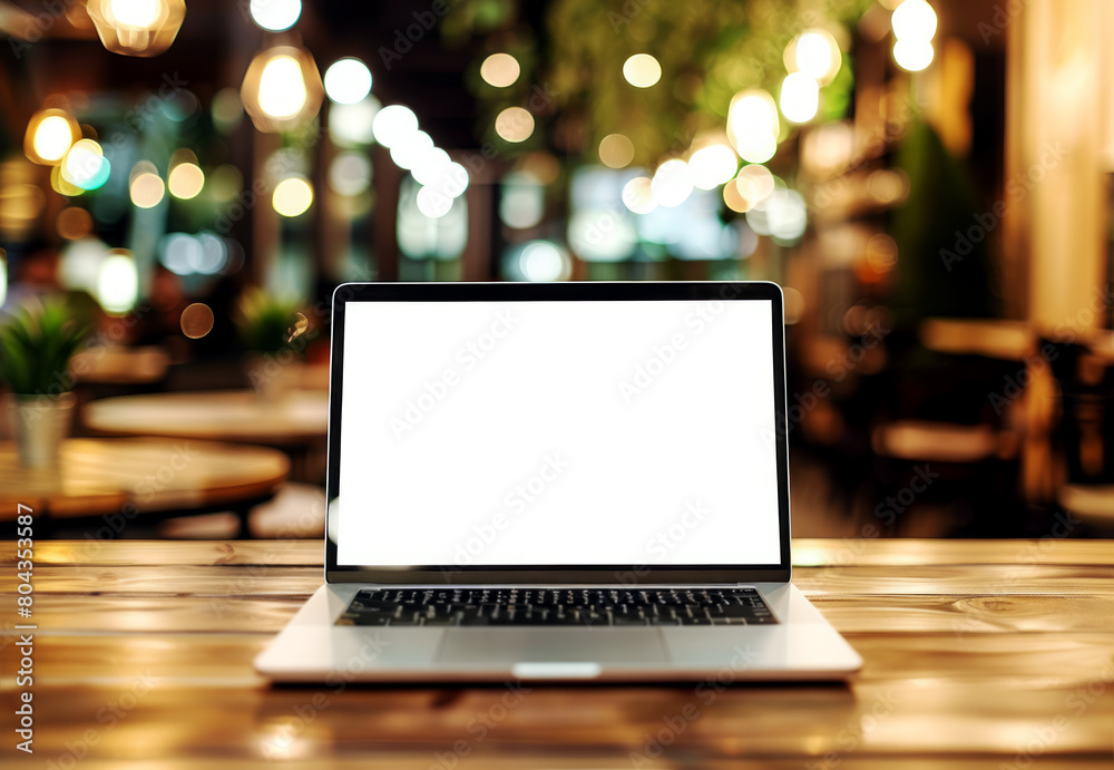 A laptop with a blank screen on a wooden table, bokeh lights in the blurry cafe background, concept of workspace. Generative AI A laptop with a blank screen on a wooden table, bokeh lights in the blurry cafe background, concept of workspace. Generative AI
