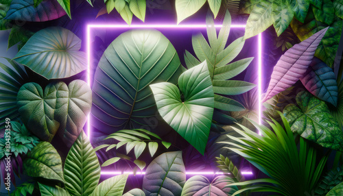 Tropical leaves with a glowing neon frame  digital art style  on a dark background  concept of vibrant nature. Generative AI