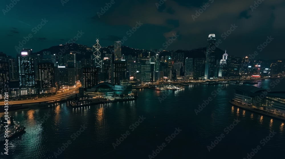 The dynamic skyline of a bustling port city at night, with towering skyscrapers illuminated against the darkened sky and the glittering lights of cargo ships dotting the harbor