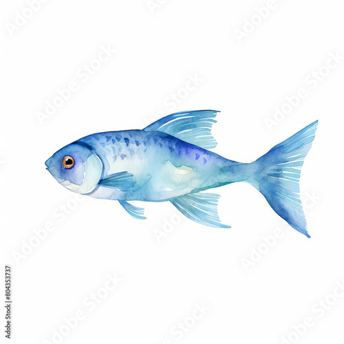 A watercolor painting of a blue fish. The fish is facing the left of the viewer. The fish has a light blue body. The fish has a dark blue tail. The fish has a yellow eye.