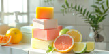 Handmade pastel citrus soap in white sunny bathroom. Home made spa, skincare and cosmetology concept.