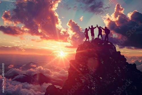 A group of people on a mountain peak under the open sky