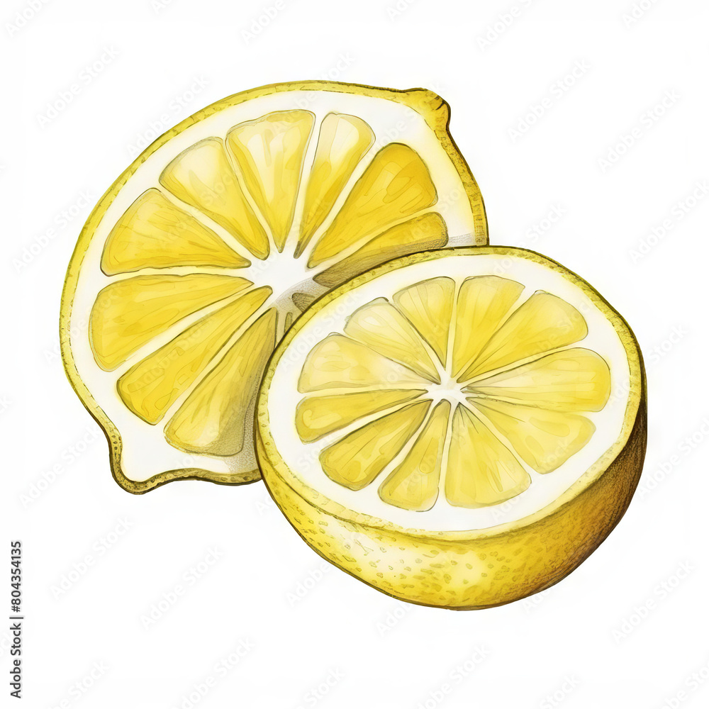 A watercolor painting of a lemon cut in half. The lemon is yellow and ...