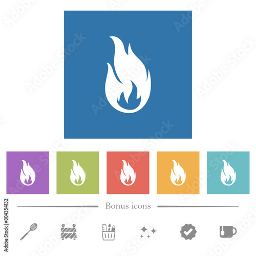Fire flame flat white icons in square backgrounds
