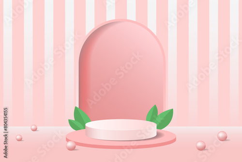 empty 3d white and pink color cylinder pedestal podium with leaf decoration for  beauty skincare product mockup display vector illustration.