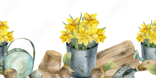 Yellow daffodils in metal garden bucket, vintage watering can, flower pot and bulbs seamless border. Watercolor banner with flowers and garden tools for magazine, product packing, stationery design