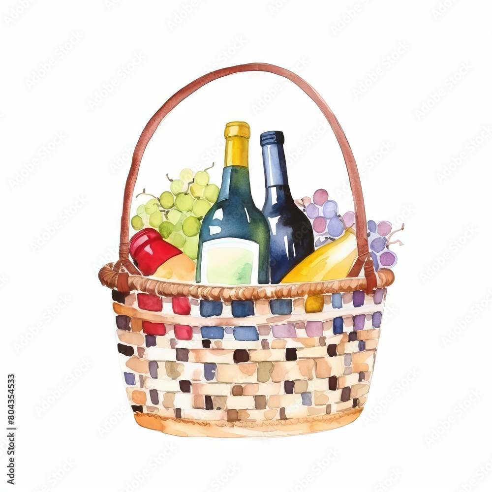 A watercolor painting of a picnic basket filled with wine, fruit, and bread A watercolor painting of a picnic basket filled with wine, fruit, and bread