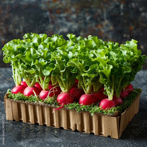 A box of radishes with green leaves