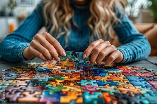 Close-up of hands meticulously fitting pieces of a vibrant jigsaw puzzle together