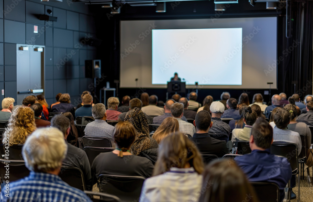 an audience from the front and side views, with people sitting in chairs watching someone on stage presenting to them. A white screen for presentations is on a big wall behind the conference room