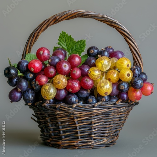 A wicker basket filled with red, black, and yellow berries.