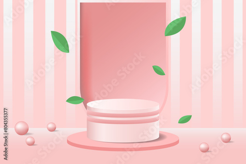 empty 3d white and pink color cylinder pedestal podium with leaf decoration for  beauty skincare product mockup display vector illustration.
