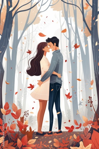 A Couple Kissing in the Woods Surrounded by Leaves