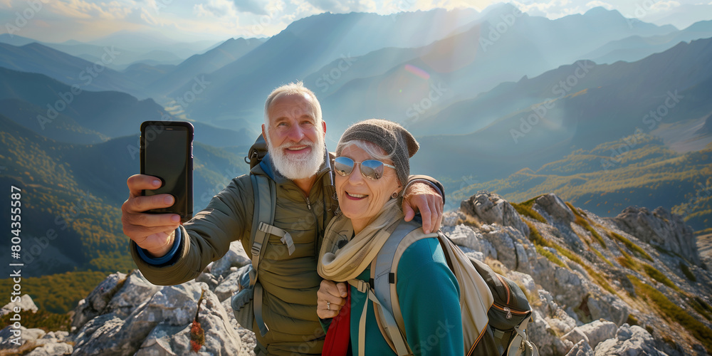 Naklejka premium Cheerful senior hiker couple taking a selfie atop of a mountain they just hiked. Adventurous elderly man and woman with backpacks. Hiking and trekking on a nature trail.