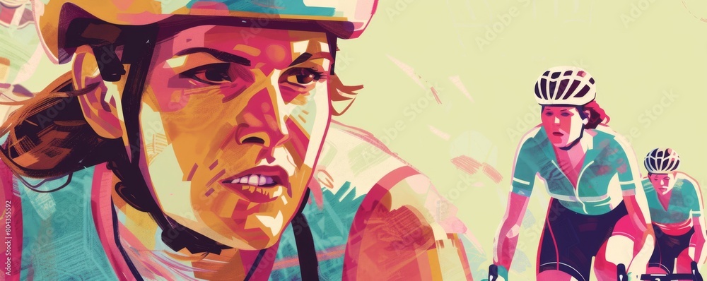 Female cyclists in vibrant race illustration: Emotion and Determination