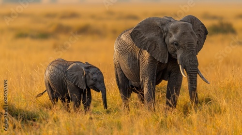 African Bush Elephant  Loxodonta africana  Mother with Calf  Maasai Mara National Reserve  Kenya  Africa Generative AI