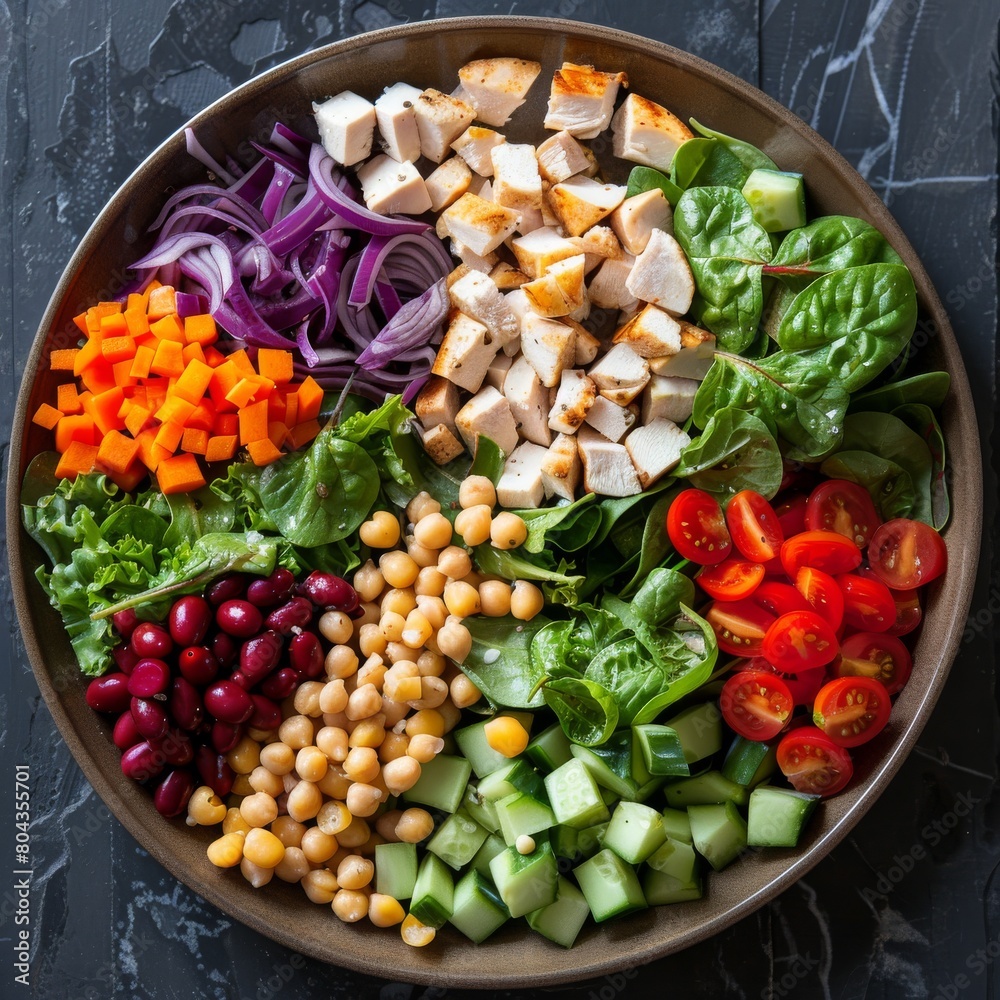 A bowl of salad with chicken, carrots, red onion, chickpeas, cucumber, spinach, and cherry tomatoes. A bowl of salad with chicken, carrots, red onion, chickpeas, cucumber, spinach, and cherry tomatoes.