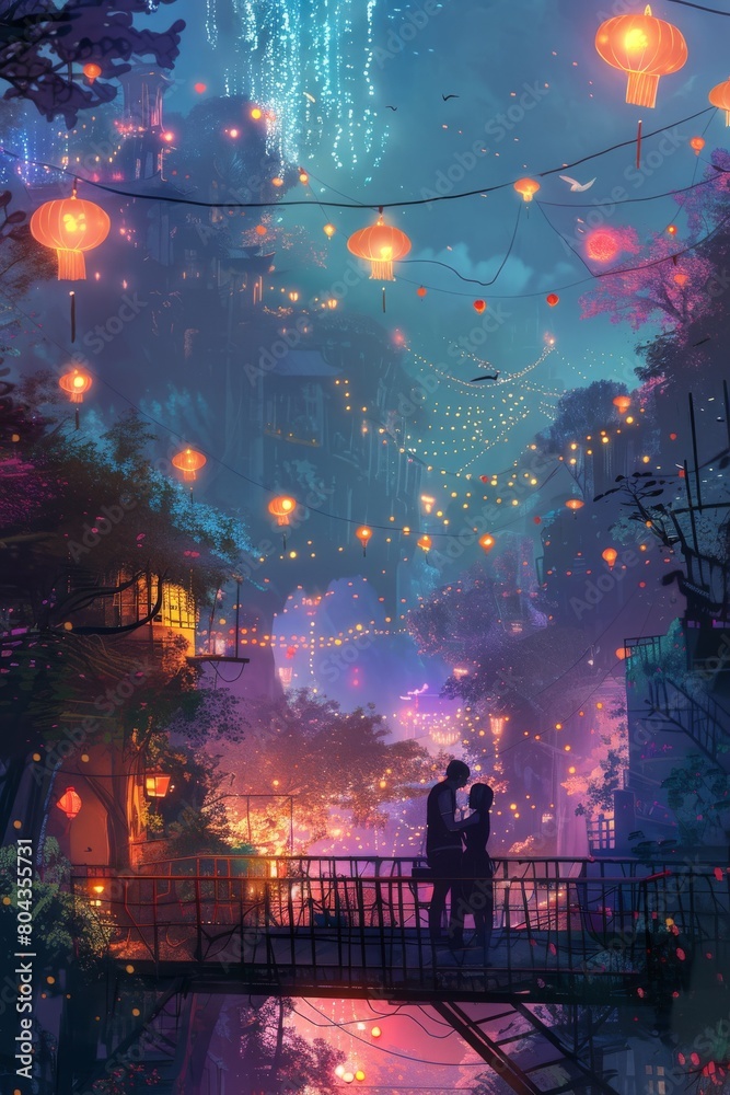 Couple Standing on Bridge, Looking at Lanterns in the Sky Couple Standing on Bridge, Looking at Lanterns in the Sky