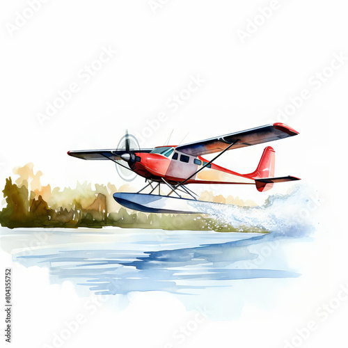 A floatplane is taking off from a lake. The plane is red and white. The water is blue and green. The sky is white.