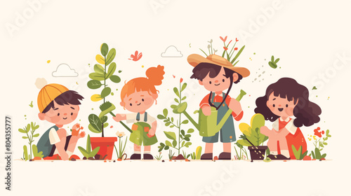 Kids gardening vector illustration set. Cartoon fla
