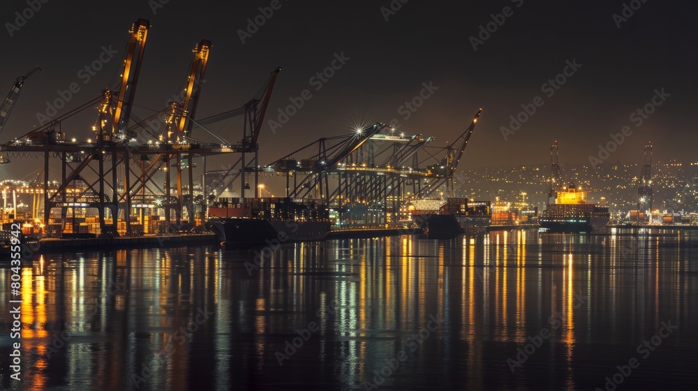The industrial heartbeat of a port at night, with the glow of city lights reflecting off the water and illuminating the bustling activity on the docks