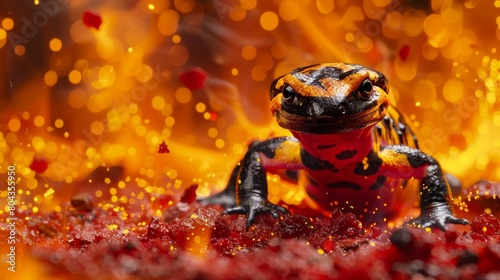 Fire salamander in a natural pose, surrounded by small flames, on a simple, fiery red background to enhance its elemental nature photo