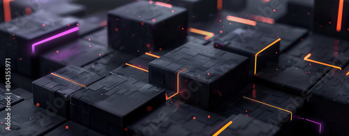 Dark background, black cubes with orange and purple lights on the sides arranged in an abstract pattern. 