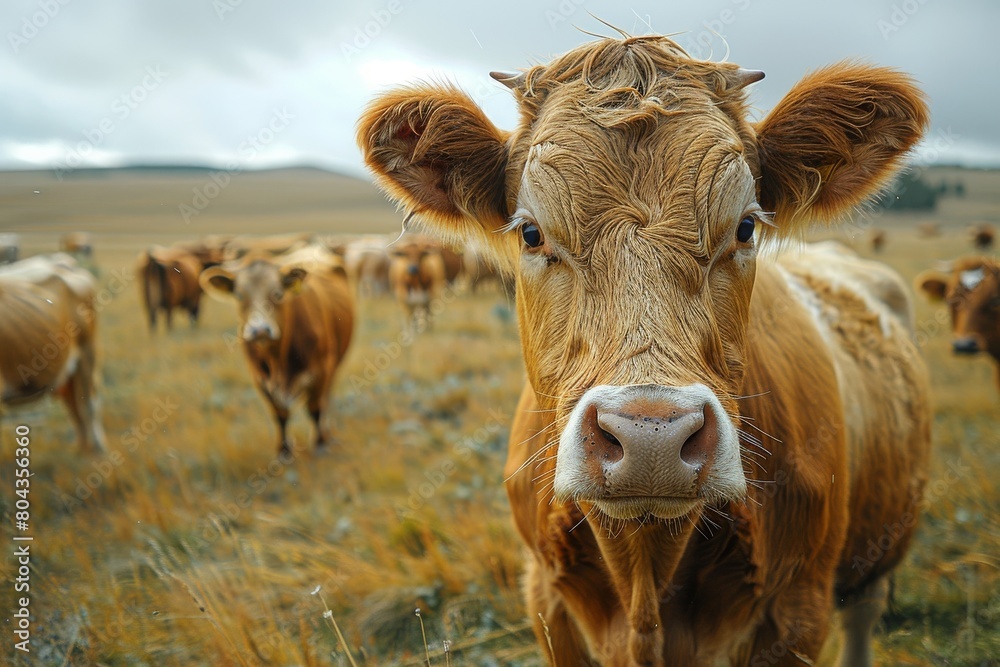 A lone, reddish-brown cow looks directly into the camera while others stand in the background on a misty field A lone, reddish-brown cow looks directly into the camera while others stand in the background on a misty field