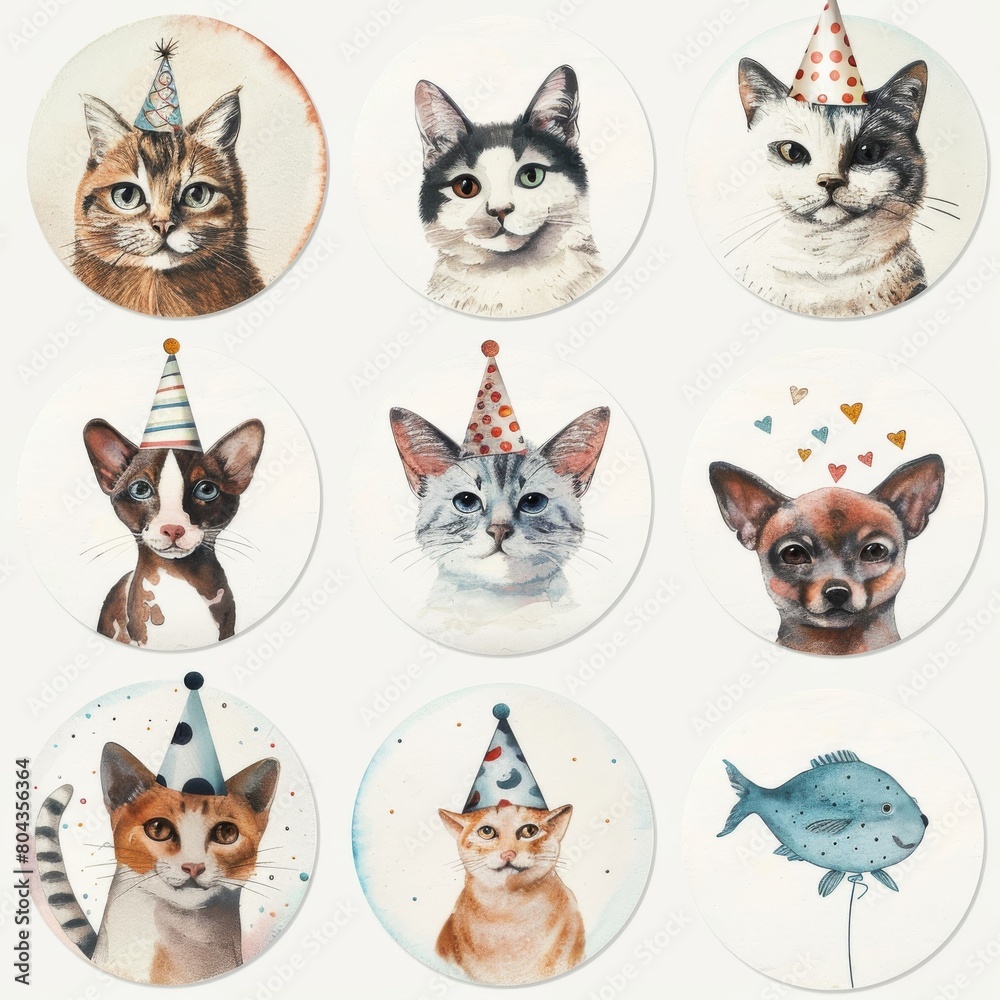 Nine watercolor illustrations of different cats and a dog wearing party hats.