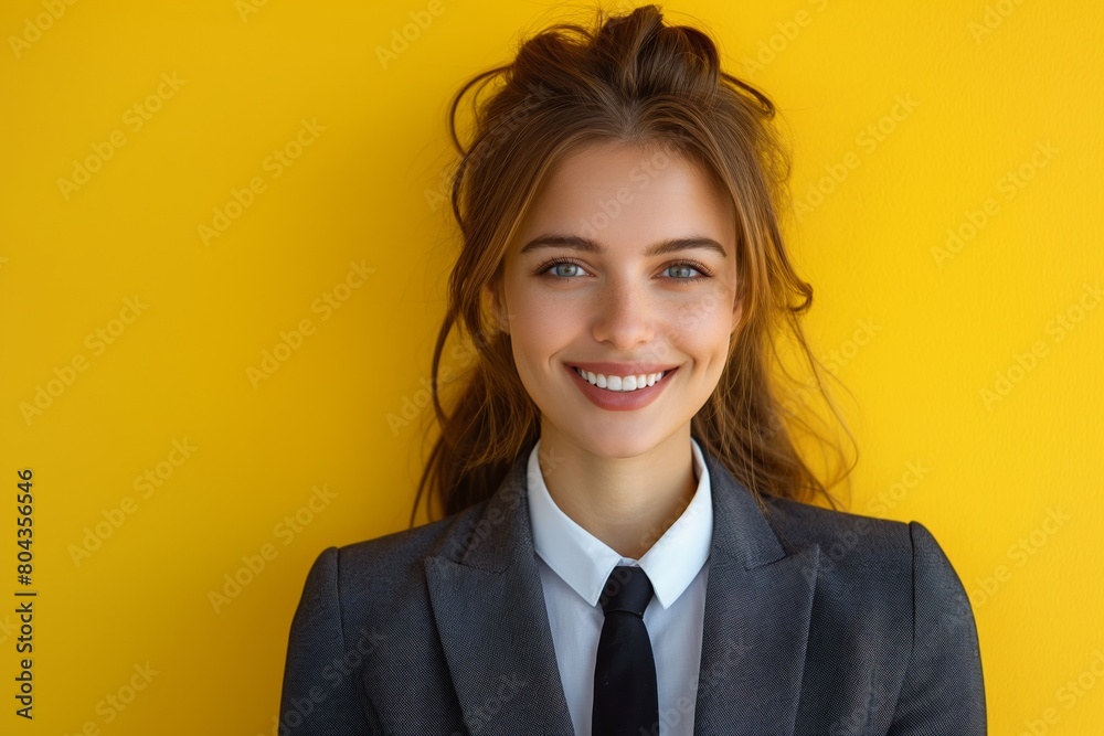 Radiant professional woman smiling against vibrant yellow background. Highlights confidence and warmth ideal for business and casual advertisements, dating apps to editorials Radiant professional woman smiling against vibrant yellow background. Highlights confidence and warmth ideal for business and casual advertisements, dating apps to editorials