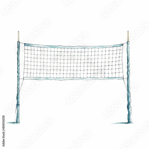 A watercolor painting of a volleyball net. The net is blue and white, and the poles are brown. The net is in the center of the image, and the poles are on either side of the net.