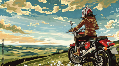 Illustrate the sense of adventure and discovery as she explores scenic backroads, charming small towns, and picturesque countryside on her motorcycle journey. photo