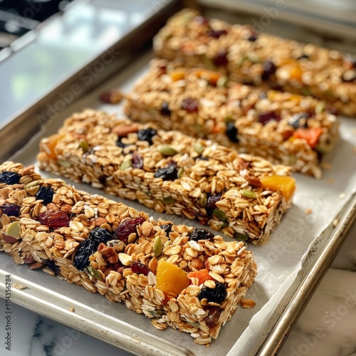 Homemade chewy granola bars made with oats, nuts, seeds, and dried fruit.