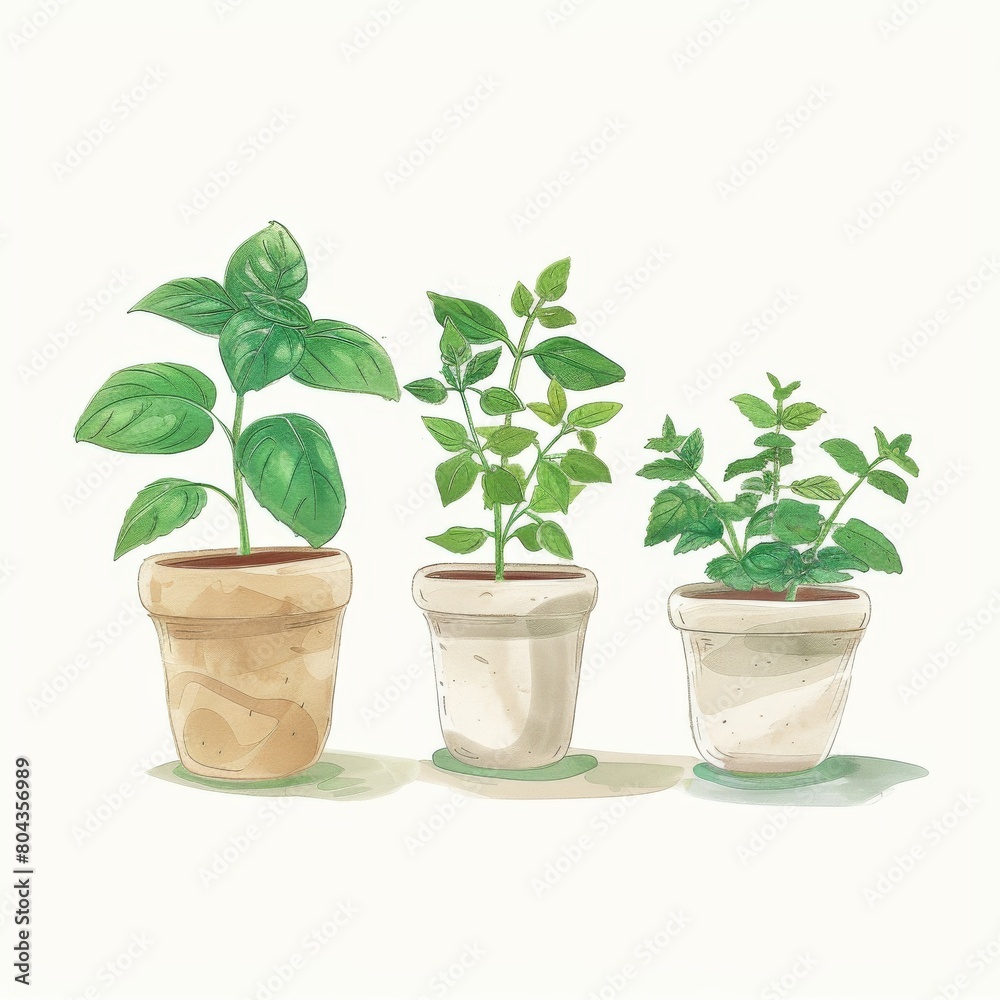 Three pots of herbs in a row on a white background. Three pots of herbs in a row on a white background.