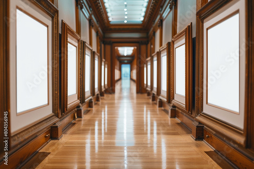 an series of classic wooden frames, each with a perfectly white center, arrayed along a corridor in a historic gallery setting photo